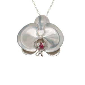 Large Silver Orchid Pendant with Rubies