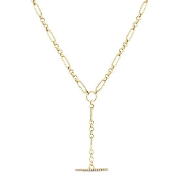 Medium Mixed Paperclip & Rolo Chain with Pave Diamond Toggle Lariat Necklace