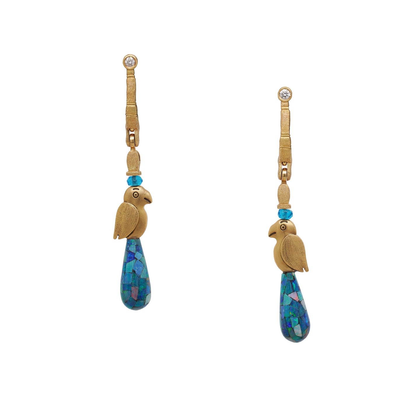 Yellow Gold and Mosaic Opal Parrot Earrings